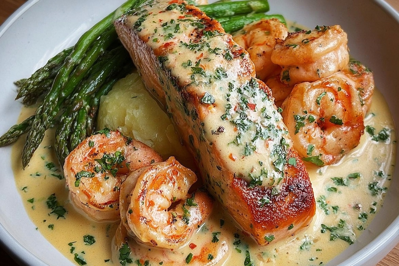 Cajun Shrimp And Salmon With Garlic Cream Sauce
