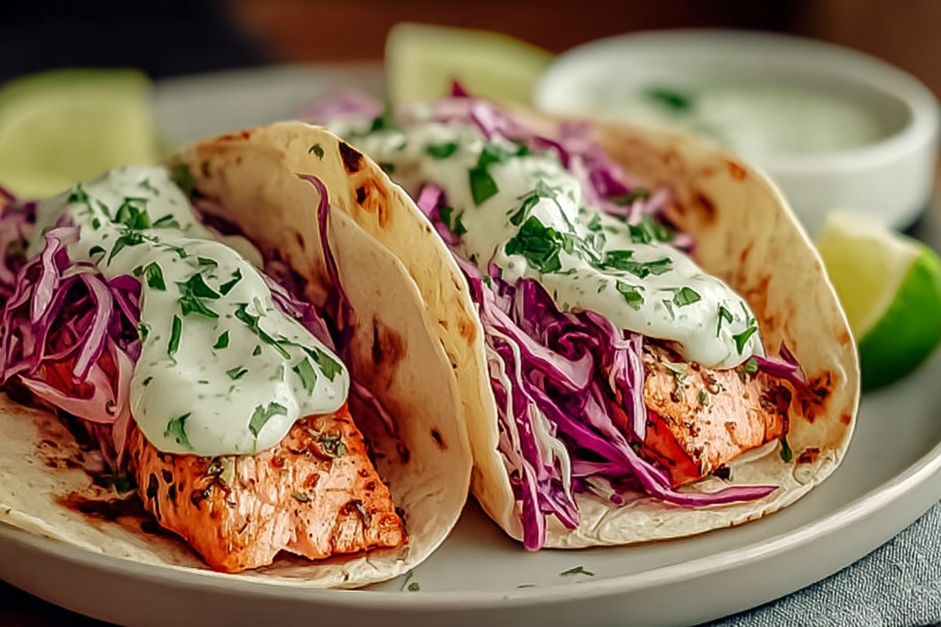 Easy Salmon Tacos With Slaw And Creamy Lime Kick